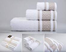 Grego Premium Handtuchset, 100 % Baumwolle, 600 g/m², 3-teilig, bestehend aus Handtüchern in den Größen 30 x 50 cm, 50 x 100 cm und 100 x 150 cm in Premiumqualität - Weiß/Gold - Übersicht 1