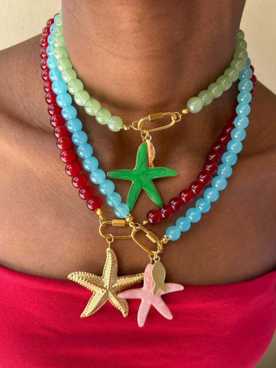 Summer New Beach Vacation Style Necklace, Colorful Oil-Drip Stainless Steel Starfish Pendant Necklace - Beaded Necklace - View 1