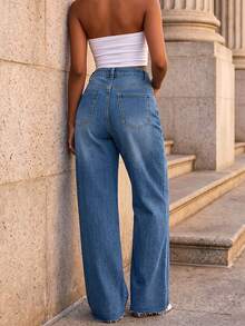 Elastic Washed Solid Color Multi-Pocket Button Decor Women's Denim Jeans - Medium Wash - View 5