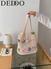 Dedoo 女款編織托特包，彩色3D花卉鉤針鏤空針織布料單肩手提包，休閒沙灘購物包，夏季女孩日常包 - 白色 - 查看 12