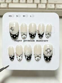 10pcs Pure Handmade Oval Press On Nails, Y2k Vintage Sweet Cool Style, Black Polka Dot French Tip, Bow Rhinestone & Musical Note Four-Leaf Clover Decorative Design For Women And Girls, Spring Summer Fall Winter Festivals Party And Daily Life Use - Black and White - View 1