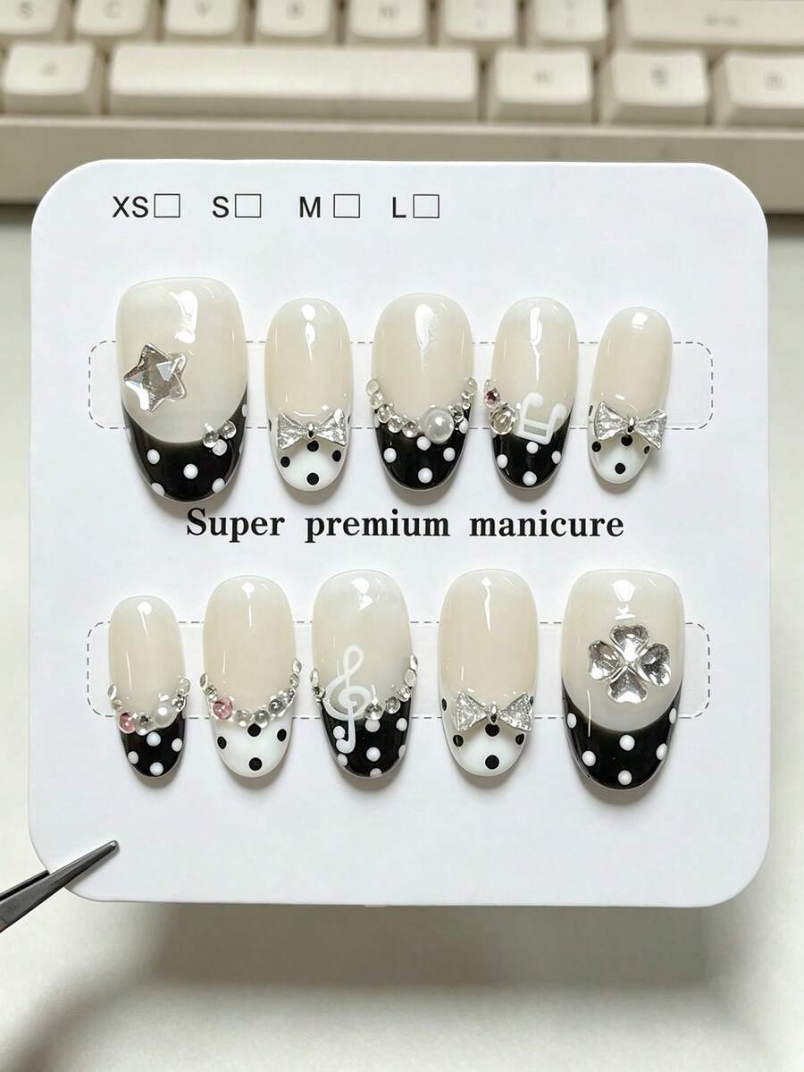 10pcs Pure Handmade Oval Press On Nails, Y2k Vintage Sweet Cool Style, Black Polka Dot French Tip, Bow Rhinestone & Musical Note Four-Leaf Clover Decorative Design For Women And Girls, Spring Summer Fall Winter Festivals Party And Daily Life Use - Black and White - View 1