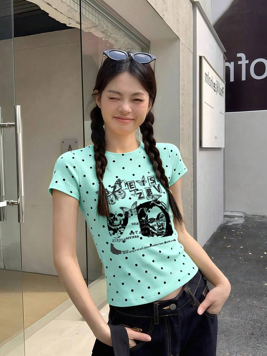 薄荷綠波點 Y2K T恤，復古人像與字母印花，夏季小眾美式辣妹風方肩短袖女款休閒上衣 - 薄荷綠 - 查看 1