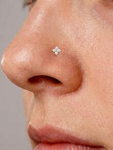 1pc 925 Sterling Silver Tiny Four-Leaf Clover CZ Zirconia Nose Stud, L-Shaped Hypoallergenic Nostril Piercing Jewelry, Unisex Minimalist Daily Wear Gift Accessory - Gold - View 6
