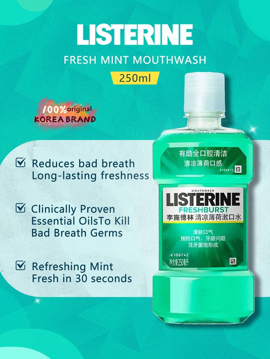 listerine 薄荷清新漱口水 250ml/8.45 Fl Oz，清新薄荷口味，幫助減少口臭與牙垢，支持牙齦健康，精油配方，30秒深層漱口，適合日常口腔護理