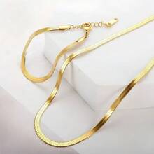 2Pcs High-Quality Hypoallergenic Stainless Steel Women's Choker Necklace & Bracelet Set, KC Gold Plated Anti-Fade, Minimalist Flat Snake Chain, Comfortable & Versatile, Simple & Elegant, Suitable For Daily Wear Or Party, High-Quality Fashion Women's Jewelry Accessories, Perfect Gift For Anniversary, Valentine's Day, Best Gift For Women - Multicolor - View 11