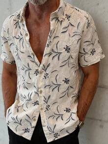 GOLDREDY Men's Summer Casual Elegant Botanical Floral 3D Embroidered Textured Random Pattern Heavy Work Fashion New Short Sleeve Shirt Suitable For Vacation Commuting And Outdoor Wear - Apricot - View 1