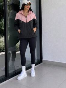 Women's Windbreaker Jacket Waterproof Lined Casual Fabric Zipper Evening Airport Clothes Travel Autumn Winter - 黑色和粉紅色 - 查看 4