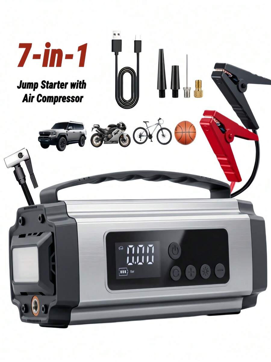 7-In-1 Car Jump Starter Power Bank With 150PSI Air Pump, 12V Portable Car Battery Jump Starter, Emergency Tool Kit