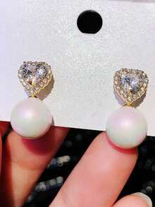 1 paire de boucles d'oreilles charmantes en zircone cubique & perles fausses, conçues pour les femmes, convenant pour les mariages, les fiançailles, les fêtes d'anniversaire, les cadeaux de la Saint-Valentin - Or jaune - Voir 2