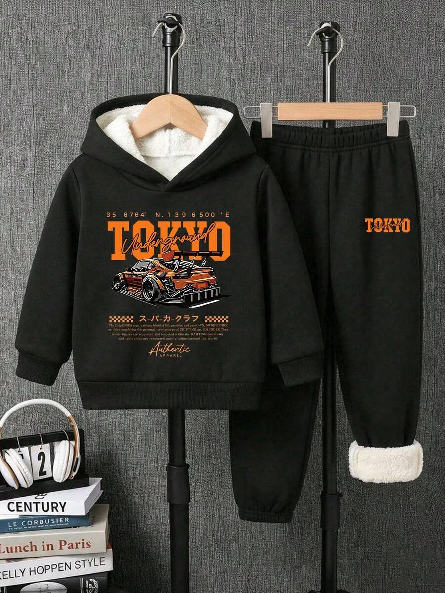 Young Boy Cool Racing Car Print Warm Hoodie And Sweatpants - Black - View 1