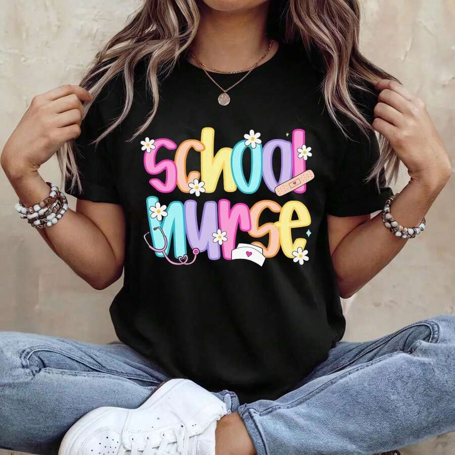 Womens Summer Tops School Nurse Shirt, School Nurse Gift For School Nurse, School Nurse TShirt, Back To School Nurse Tee, 100% Cotton Short Sleeve - black002 - 查看 1