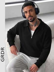 GRDR Men's Casual Long Sleeve Half Zip Collar Sweater, Versatile For Daily And Business Wear, Autumn/Winter - Black - View 4