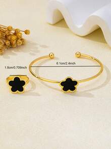 2pcs/Set Exquisite Black Five-Leaf Clover Single Flower Women's Open Cuff Bracelet Set, Suitable For Gift-Giving And Daily Wear - Black - View 5