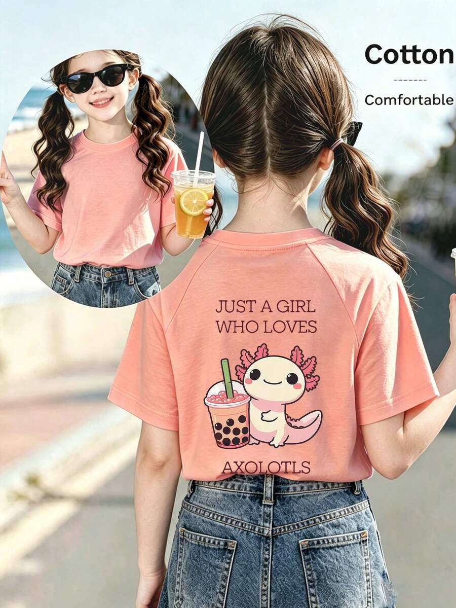 Cute Cartoon Salamander Pattern Top, 6-12 Years Old Unisex Tween Girl T-Shirt, Fun Casual Versatile, Daily Wear, Sports - Orange - View 1