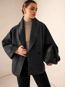 Women's Plus Size Shawl Collar Batwing Sleeve Jacket With Pockets, Warm Lining, Winter Fashion Choice - Dark Grey - View 8