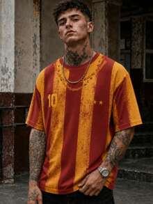 Fractyr Men's Vintage Spanish No.10 Three-Star Vertical Stripe T-Shirt, Red & Yellow Distressed Crew Neck Football Short Sleeve T-Shirt - Red - View 2