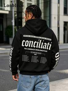 Lonblece 1pc Men Gothic English Text Print Hoodie, Retro Style, Suitable For Daily Wear, Autumn/Winter - Black - View 1
