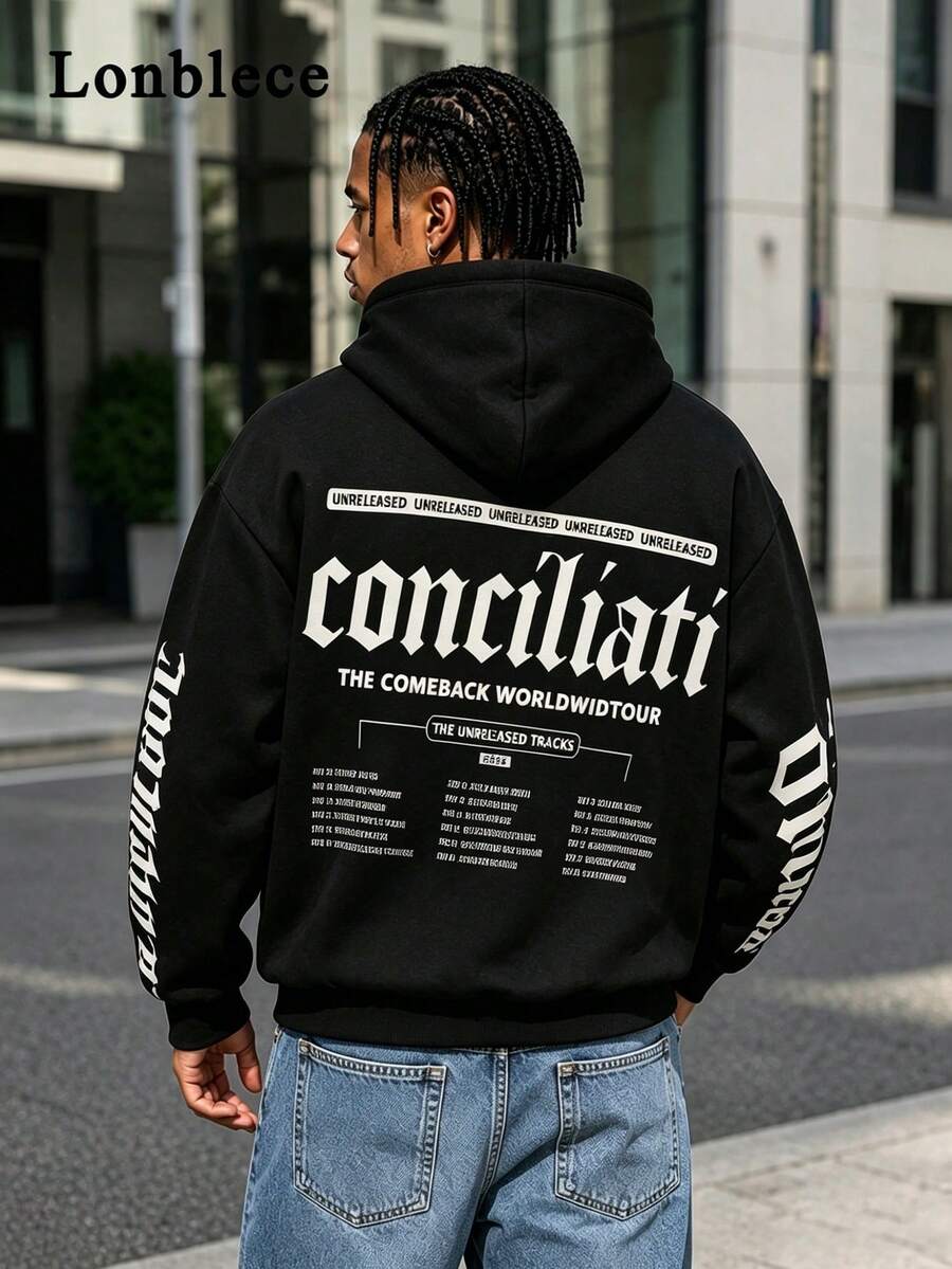 Lonblece 1pc Men Gothic English Text Print Hoodie, Retro Style, Suitable For Daily Wear, Autumn/Winter - Black - View 1