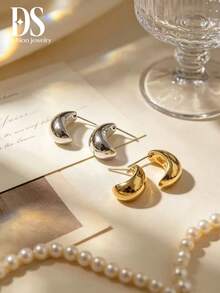 4 piezas/Set Pendientes de Botón Asimétricos en Forma de Gota de Agua Dorados & Plateados, Joyería Metálica Elegante para Mujeres - Estilo C, 2 pares - Ver 2