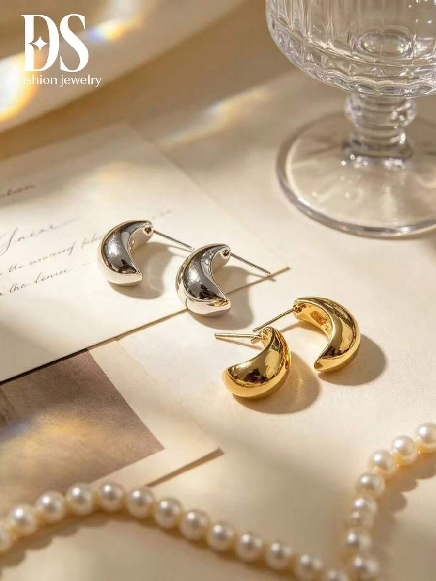 4 piezas/Set Pendientes de Botón Asimétricos en Forma de Gota de Agua Dorados & Plateados, Joyería Metálica Elegante para Mujeres