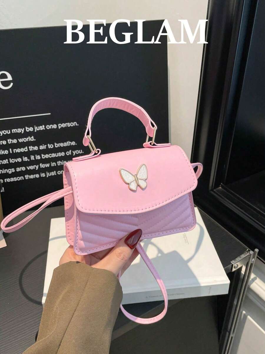 時尚迷你蝴蝶結金屬飾 PU 翻蓋手提包，極簡斜挎包，適合女性購物、約會、派對、送禮及日常使用 - 粉色 - 查看 1