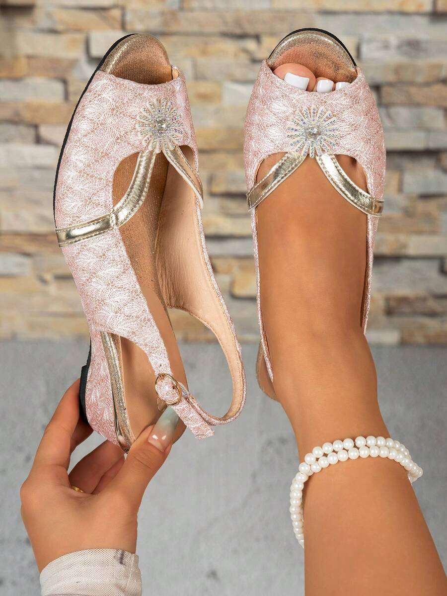 Women's Shiny Lace Peep Toe Wedge Sandals With Rhinestone Sunflower Decor And Adjustable Ankle Strap, Versatile For Party, Commute And Summer Wear