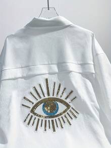 Elegant Women's White Long Flare Sleeve Blouse With Contrast Sequin Evil Eye Pattern, Spring/Summer - White - View 6