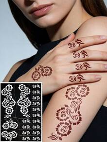 1pc Rose Henna Tattoo Stencil, Reusable Floral Vine Temporary Tattoo Template For Wedding, Holiday And Vacation Body Art Creation - Black - View 12