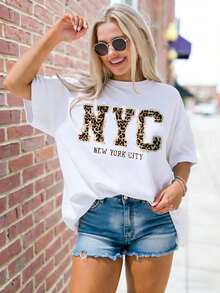 Women's Fashion Plus Size New York Letter Pattern Round Neck Short Sleeve T-Shirt - Black - View 10