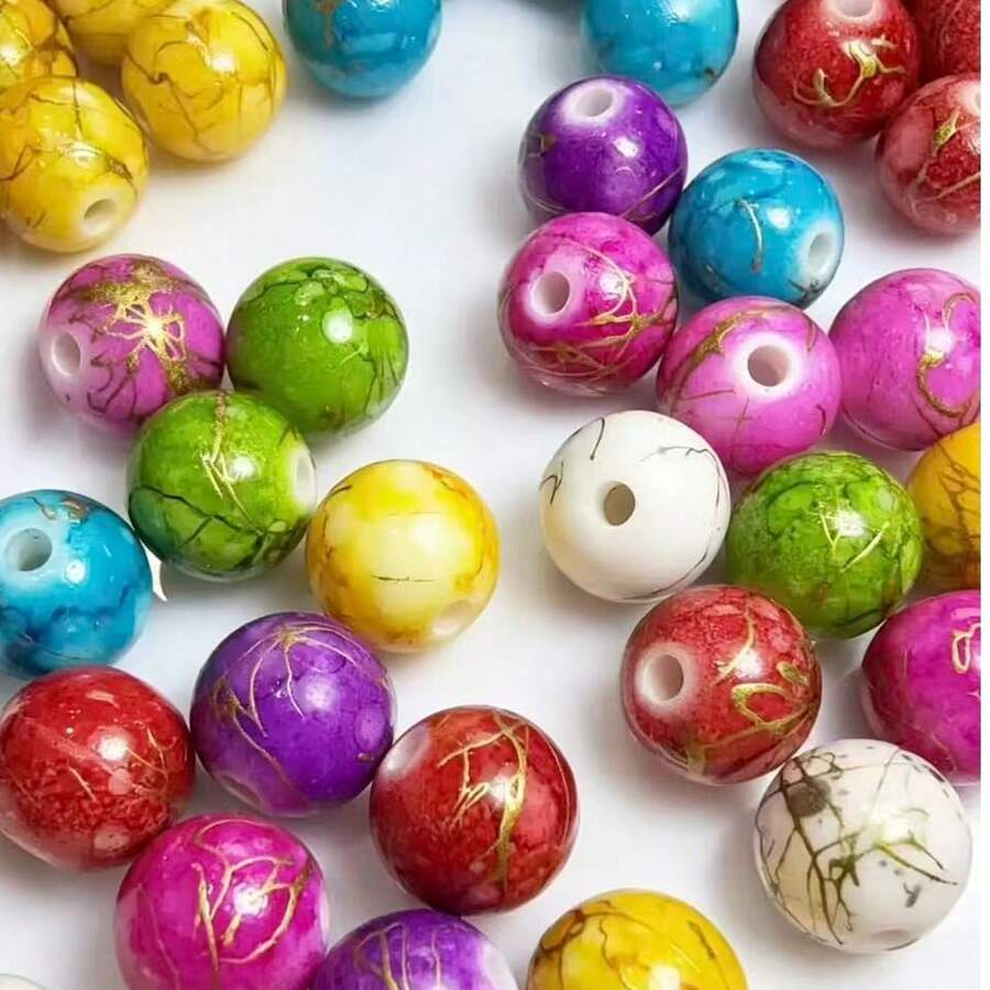 200pcs/50pcs Acrylic Beads, 0.39In Colorful Gold Thread Faux Porcelain Round Beads, Durable And Fade-Resistant, Perfect For DIY Earrings And Other Jewelry Crafts Accessories - Mixed-color Gold Wire Beads - View 1