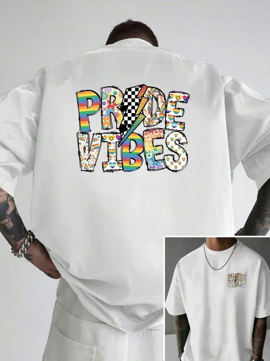 Camiseta T-shirt Masculina Ombro Descaído, Vibes Pride,Arco-Íris, T-shirt Masculina de Corte Larga, Novo Estilo Trendy de Roupa Masculina, para Desporto Casual Diário - Branco - Visão 1