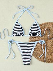 2026 Summer New Women's Black & White Striped Zebra Print Fashion Minimalist Sexy Vintage Vacation Style Beach 2-Piece Bikini Swimsuit - Multicolor - View 3