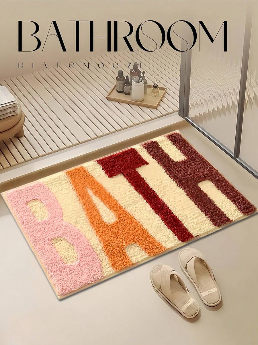 對比色 BATH 字樣浴室地墊，豐富色彩層次 Ins 風浴室地毯，1m 厚度，蓬鬆柔軟長毛，舒適腳感仿羊絨軟地墊，防滑底面，適用於多功能軟門墊、化妝墊、門廊墊和露台墊，舒適玄關墊、浴室浴墊、浴缸墊、居家臥室地墊、窗台、陽台、床邊地毯、辦公桌地毯、客廳室內外地墊、洗衣機墊，可機洗 - 簡約款 - 查看 1