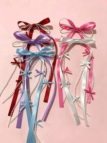 1/2pcs Ballet Style Long Ribbon Bow Hair Clips, Sweet Alligator Hair Clips, Princess Twin Ponytail Tassel Hair Accessories - Multicolor - View 1