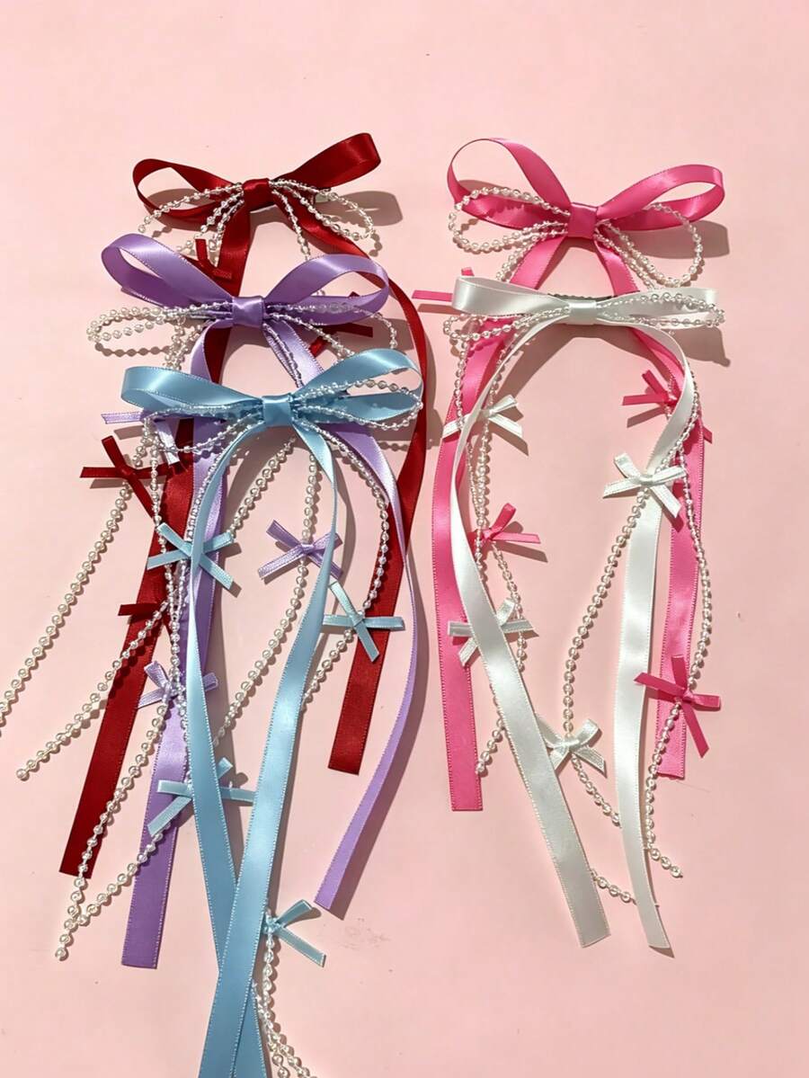 1/2pcs Ballet Style Long Ribbon Bow Hair Clips, Sweet Alligator Hair Clips, Princess Twin Ponytail Tassel Hair Accessories - Multicolor - View 1
