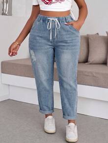 Women's Plus Size Light Wash Cropped Denim Jeans Ripped And Drawstring Tapered Fit - Blue - View 5