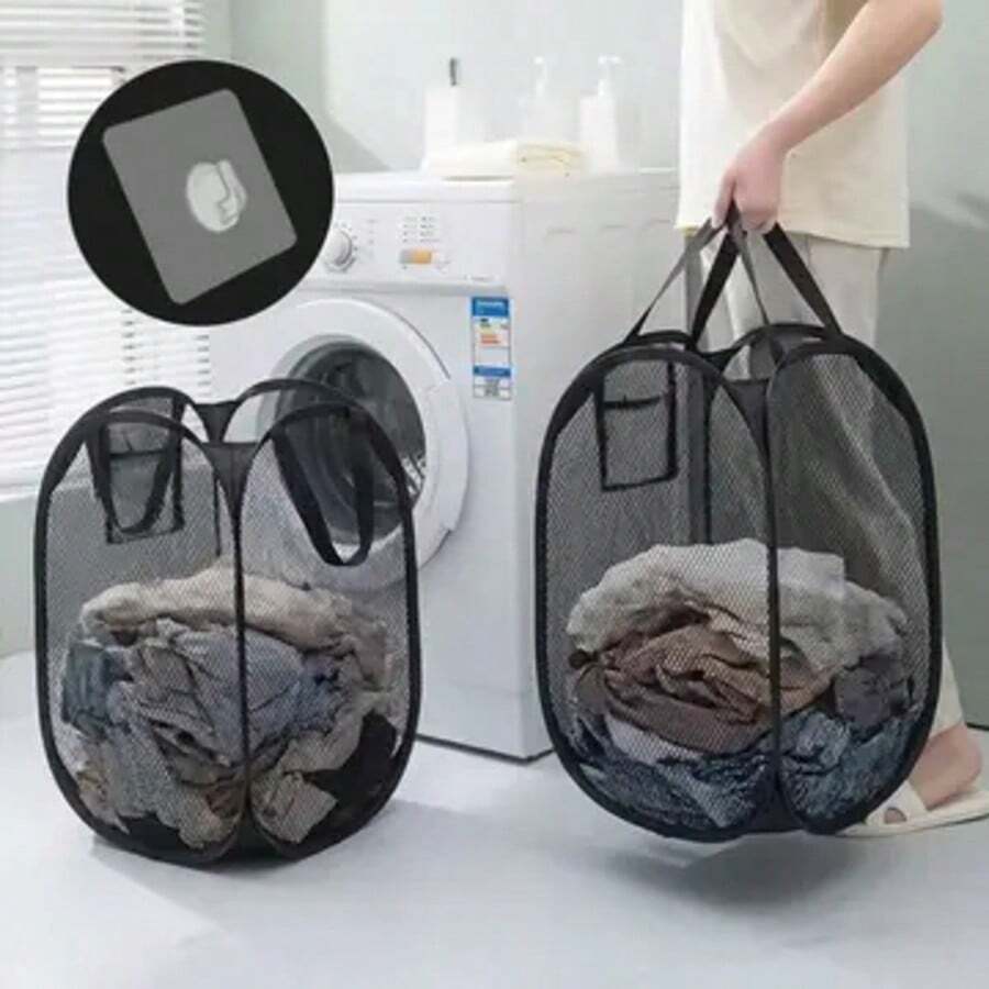 2pcs Foldable Mesh Laundry Baskets With 1 Hook, Large Portable Laundry Baskets With Handles, No Lining Storage Bins, Suitable For Bedroom, Bathroom, Living Room, Laundry Room Home Storage - Multicolor - View 1