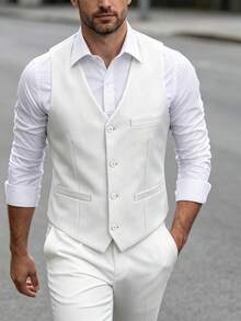Chaleco de traje para hombre de corte slim, color liso, cuello en V, abotonado sencillo, separado, para uso diario, oficina, negocios, boda y fiesta - Blanco - Ver 5
