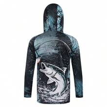 Men's Black & Blue Fish Pattern Hooded Fishing Shirt With Face Mask, Long Sleeve Sun Protection Top Sports - Blue - View 2