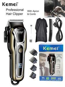 Kemei 專業男士電動理髮器，適用於理髮店或居家使用，USB充電，附 LCD 螢幕與圍裙 KM-1990PG - 銀色 - 查看 12