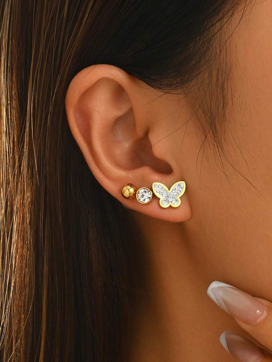 1 Set European And American Fashion Stainless Steel Micro-Inlaid Rhinestone Stud Earrings Set For Women, Versatile For Daily Wear - Multicolor - View 1