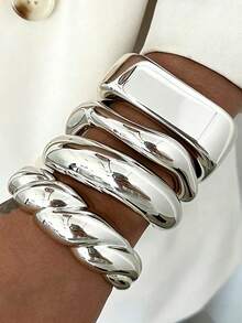 8pcs/4pcs/1pc Bohemian Style Casual Geometric Heavy Work Twisted Silver CCB Open Bangle Bracelet Set, Open Design Suitable For Party, Gathering, Gift, Vacation, Date And Daily Wear - Silver - View 8