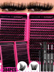384 Clusters C Curl 120D Thick Fluffy Fish Tail Eyelashes High Capacity Eyelashes Book, Beginner Friendly, Easy Use For Diy Eyes Makeup, Long Lasting Classic Realistic Mix Lash Lashes Extension For Enlarge Eyes,Natural Look Fishtail Cluster Lashes - Hot Pink - View 1