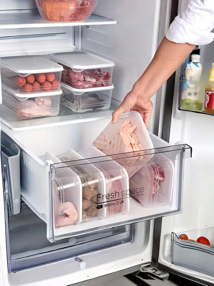 Contenedores de almacenamiento de alimentos transparentes y apilables para refrigerador con tapas herméticas, a prueba de fugas para congelador - Cajas para conservar frescos carnes y verduras, contenedores de almacenamiento de ingredientes frescos para cocina y refrigerador que ahorran espacio