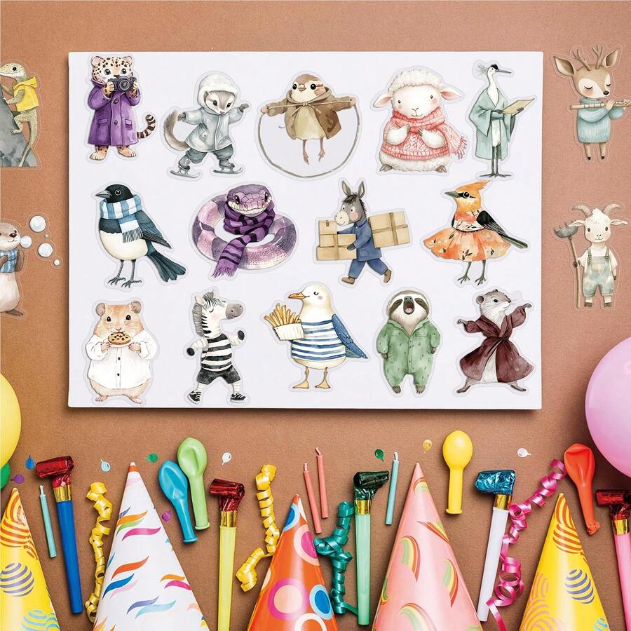 100pcs Watercolor Animals Birds Duck And Elephant Creative PET Stickers, Suitable For Laptops, Computers, Phone Cases, Guitars, Desktops, Water Bottles, Motorcycles, Cars, Helmets, Suitcases, Refrigerators, Gift Decoration Graffiti Stickers - Black - View 1