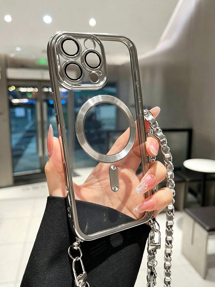 1 buah Casing Ponsel TPU Berlapis Magnetik dengan Rantai Kulit, Kompatibel dengan iPhone 17/17 Pro/17 Pro Max/17 Air/8P/X/XS/XR/XS Max/11/11 Pro/11 Pro Max/12/12 Pro/12 Pro Max/13/13 Pro/13 Pro Max/14/14 Pro/14 Pro Max/16 Plus/15/15 Pro/15 Plus/15 Pro Max, Pelindung - Perak - View 20