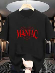 New Summer Collection MANIAC Letter Print Classic  Men'S Casual Stylish Short-Sleeve Stretchy Ribbed Round-Neck Comfortable Breathable T-Shirt - 黑色 - 查看 7