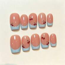 10Pcs Sweet Cherry Square Press On Nails, Nude Blue French False Nails With Red Crystal Cherry, Reusable Nail Art For Summer Trip, Graduation, World Cup, Independence Day Daily Wear Handmade Press On Nails - Multicolor - View 2