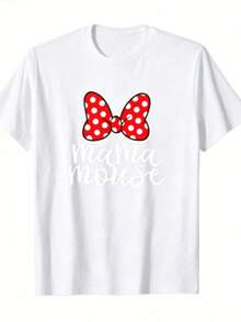 Chic Mama Mouse T-Shirt With Graphic Print, Short Sleeves, Cotton, Round Neck, Casual Style, Ideal Gift For Mom. - 白色 - 查看 10